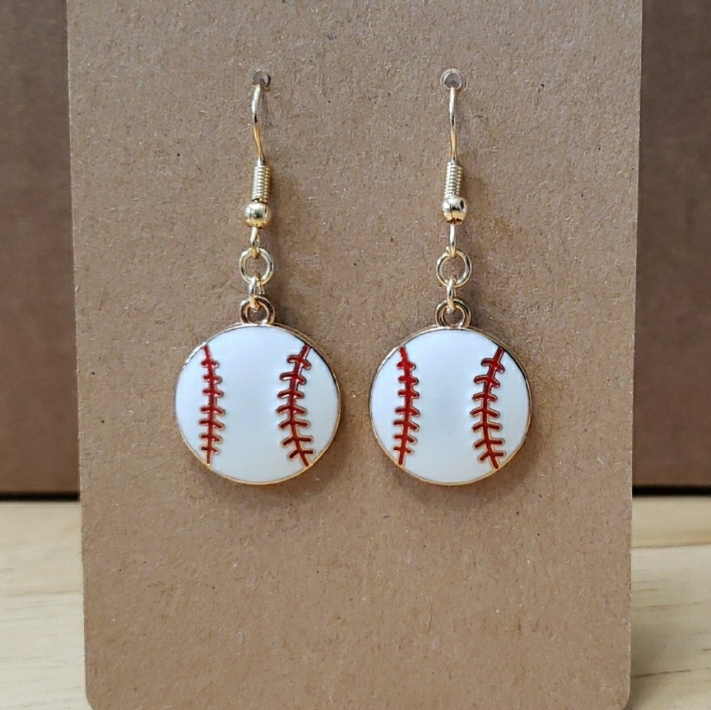 Gold Tone With White and Red Baseball Dangle Earrings